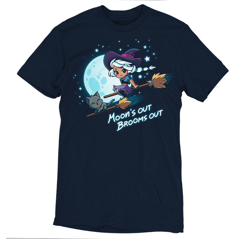 Premium Cotton T-shirt_TeeTurtle Moon's Out Brooms Out navy blue t-shirt featuring an illustration of a witch with light-gray hair, wearing a purple and dark-purple outfit and a dark purple witch's hat and a cartoon gray cat flying on two broom sticks past a full moon and starry sky. "Moon's OUT BROOMS OUT" is written underneath. 