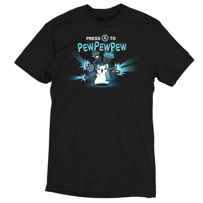 Premium Cotton T-shirt_TeeTurtle black Press A to PEWPEWPEW apparel featuring a cat holding a lot of guns.