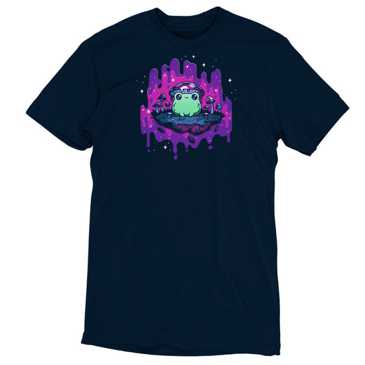 Premium Cotton T-shirt_TeeTurtle navy blue Trippy Toadstool apparel featuring a frog wearing a mushroom hat perched on a floating rock with a purple psychedelic dripping background surrounded by sparkles.