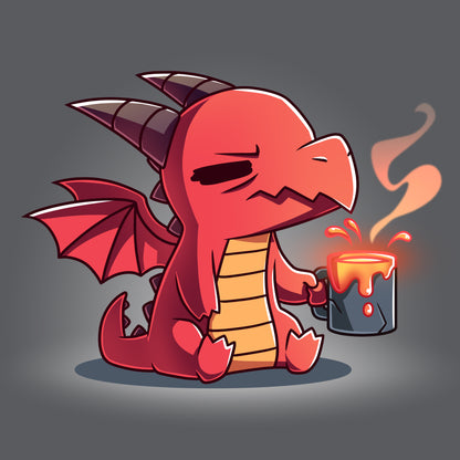 Premium Cotton T-shirt_TeeTurtle charcoal gray Morning Magma. Featuring a sleepy, grumpy red dragon sitting down holding a steaming cup of magma.