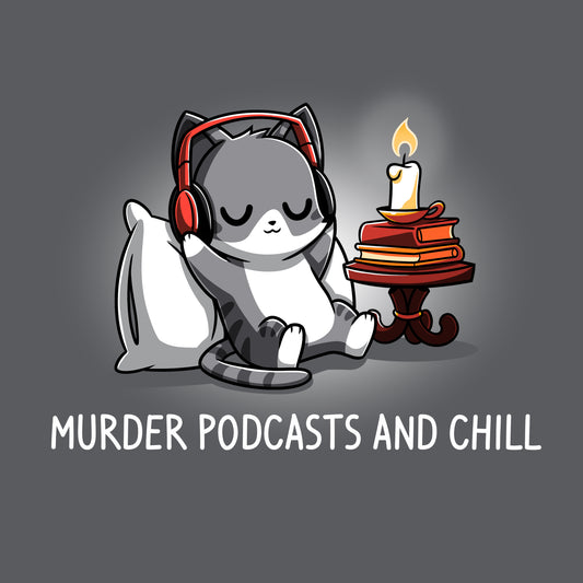 Cartoon cat listening to headphones, sitting on a pillow next to a stack of books with a candle. Text reads 