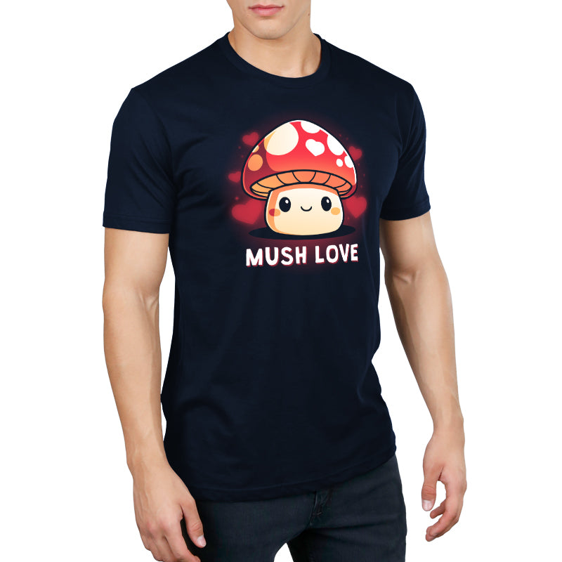 Premium Cotton T-shirt_TeeTurtle Mush Love navy blue t-shirt featuring a mushroom with a smiling face, red cap, and white spots. Hearts surround the mushroom and the words "MUSH LOVE" are printed below.