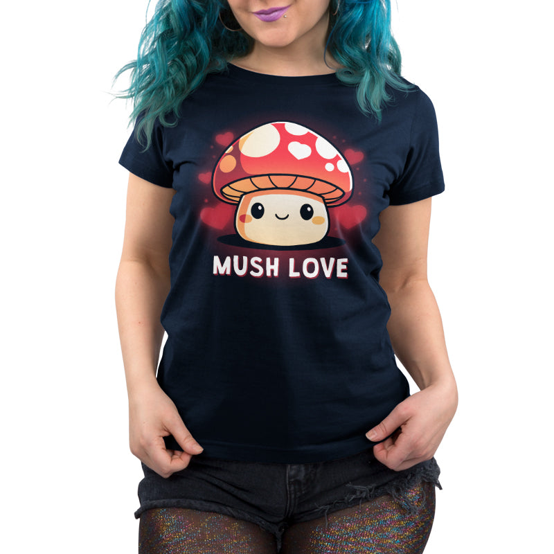 Premium Cotton T-shirt_TeeTurtle Mush Love navy blue t-shirt featuring a mushroom with a smiling face, red cap, and white spots. Hearts surround the mushroom and the words "MUSH LOVE" are printed below.