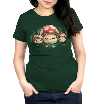 Premium Cotton T-shirt_TeeTurtle forest green Mush Mom apparel featuring a parent mushroom holding the hands of its children mushroom in a forest.