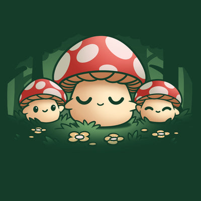 Premium Cotton T-shirt_TeeTurtle forest green Mush Mom apparel featuring a parent mushroom holding the hands of its children mushroom in a forest.