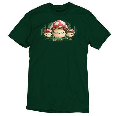 Premium Cotton T-shirt_TeeTurtle forest green Mush Mom apparel featuring a parent mushroom holding the hands of its children mushroom in a forest.
