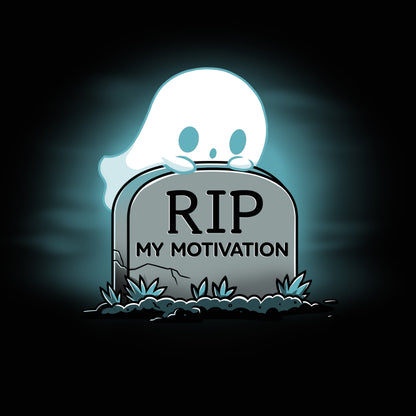 Premium Cotton T-shirt_Teeturtle My Motivation black t-shirt featuring a ghost peeking over a gravestone with the inscription "RIP My Motivation," set against a dark background with eerie blue lighting.