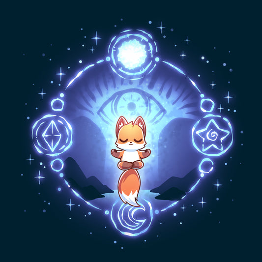 Premium Cotton T-shirt_TeeTurtle navy blue Mystic Fox apparel featuring a floating fox in a meditative position surrounded by a circle with mystical celestial symbols on it and a giant eye in the background.