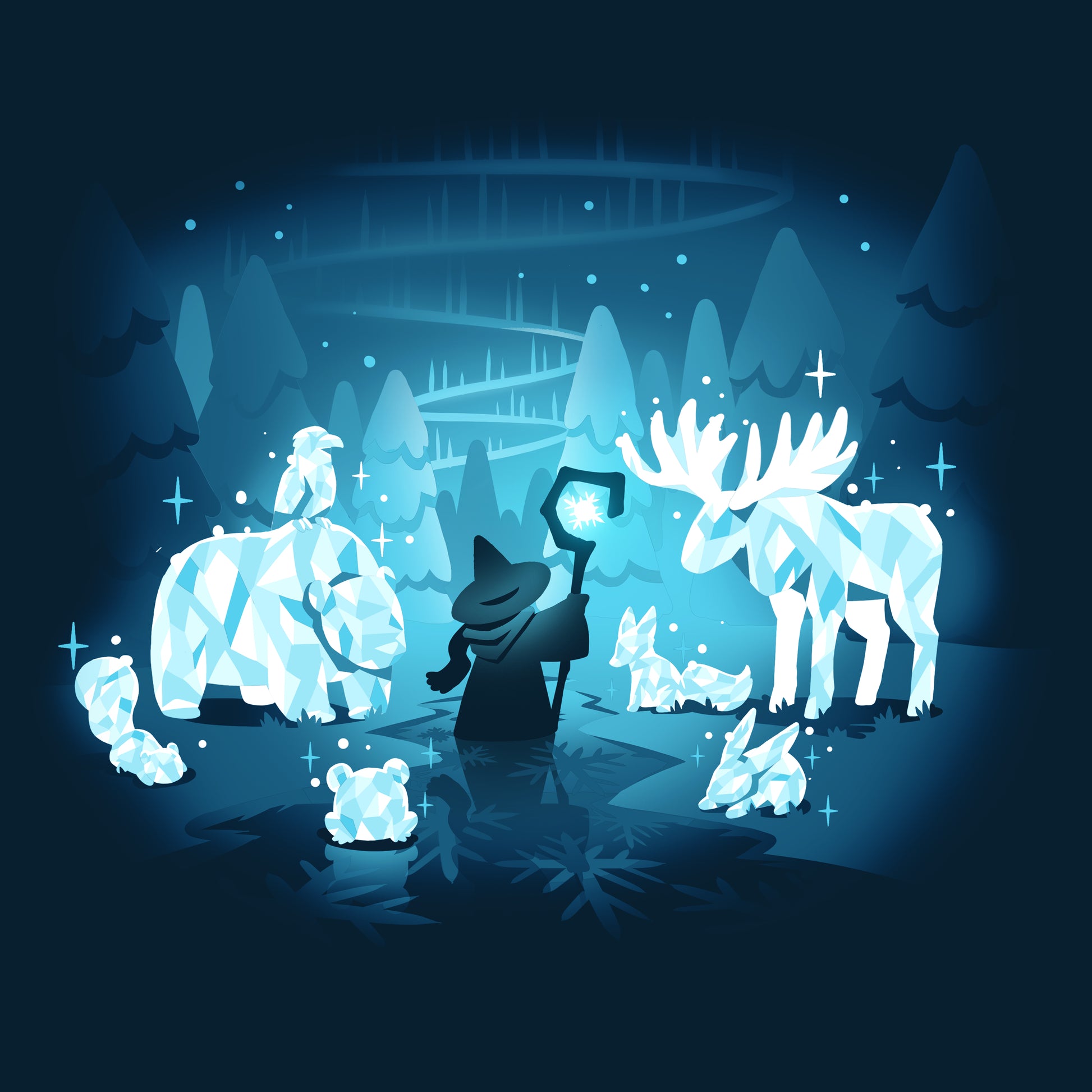 Premium Cotton T-shirt - featuring a shepherd in the woods holding their staff surrounded by beautiful and sparkling ice animals including a bear, stag, bunny, fox, and more