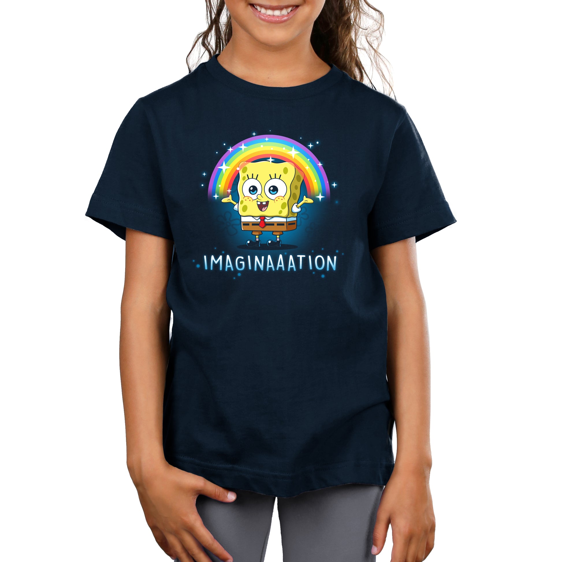 Premium Cotton T-shirt_TeeTurtle navy blue Imagination apparel featuring Spongebob Squarepants with his arms spread, and a rainbow above his head.