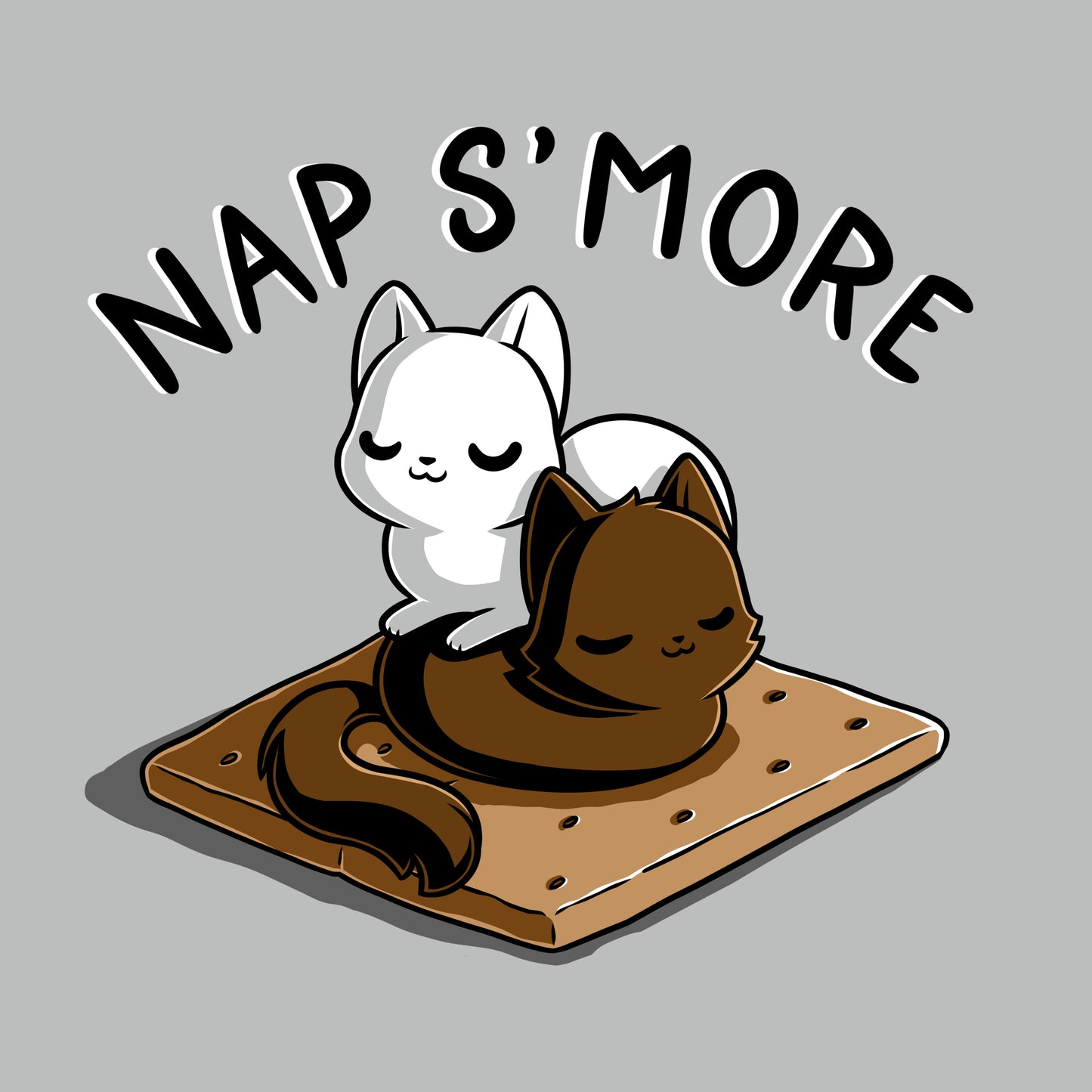 Two cats, one white and one brown, are peacefully sleeping on a graham cracker. Text above them reads "NAP S'MORE." Enjoy the cozy scene with monsterdigital's Nap S'more featuring these adorable kitty cuddles.