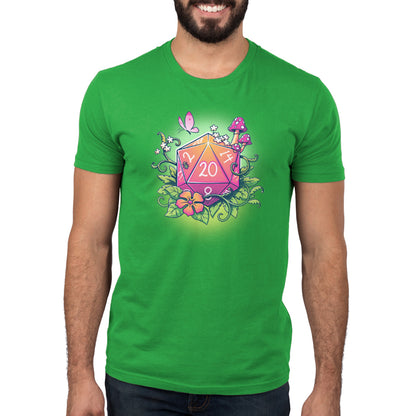 Premium Cotton T-shirt - A person wearing an apple green apparel featuring a colorful design of a 20-sided die surrounded by flowers, vines, and mushrooms. The super soft ringspun cotton makes it perfect for comfort while showcasing that memorable Natural 20 from monsterdigital.