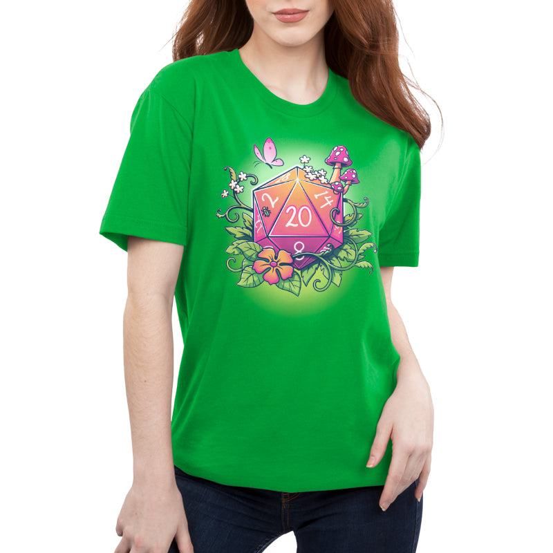 Premium Cotton T-shirt - Person wearing an apple green apparel made from super soft ringspun cotton, featuring a colorful design with a 20-sided die, flowers, and mushrooms. The apparel is called "Natural 20" by monsterdigital.