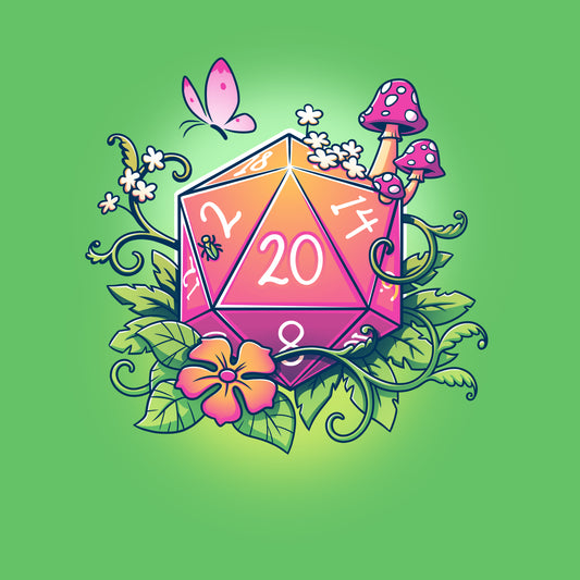 A colorful 20-sided die surrounded by flowers, leaves, mushrooms, and a butterfly on an apple green tee made from super soft ringspun cotton called Natural 20 from monsterdigital.