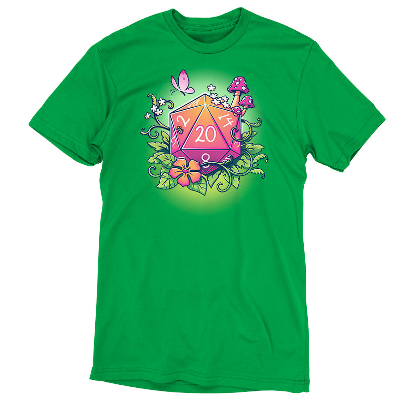 Premium Cotton T-shirt - This apple green apparelfeatures a vibrant design of a 20-sided die surrounded by flowers, a butterfly, and mushrooms. Made from super soft ringspun cotton, this Natural 20 apparel by monsterdigital combines comfort with style for any gaming enthusiast.