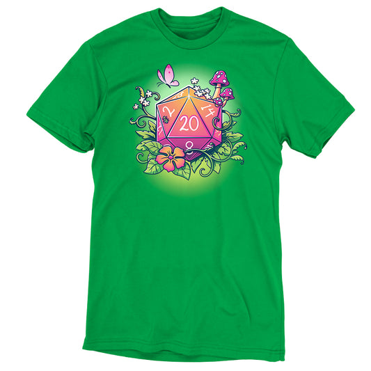 This apple green tee features a vibrant design of a 20-sided die surrounded by flowers, a butterfly, and mushrooms. Made from super soft ringspun cotton, this Natural 20 t-shirt by monsterdigital combines comfort with style for any gaming enthusiast.