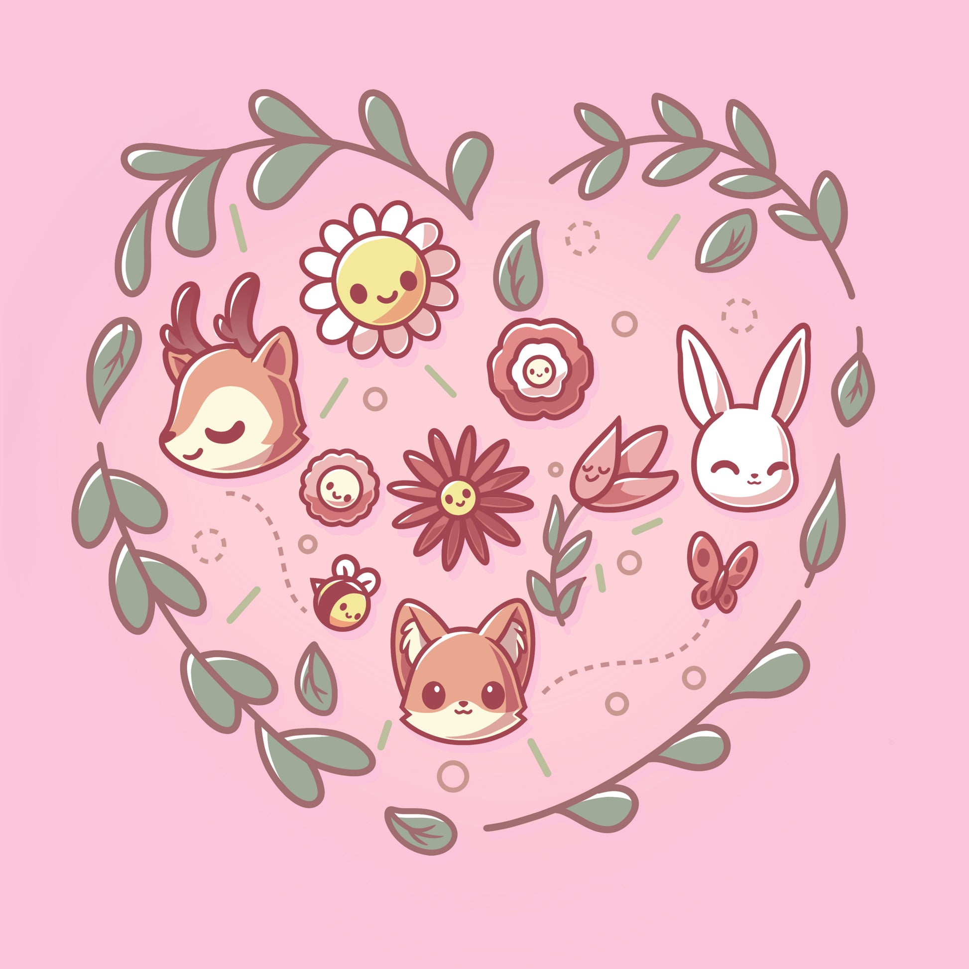 Premium Cotton T-shirt_TeeTurtle light pink Nature Lover apparel featuring a deer, fox, and rabbit with other forest elements framed by a leaf heart.