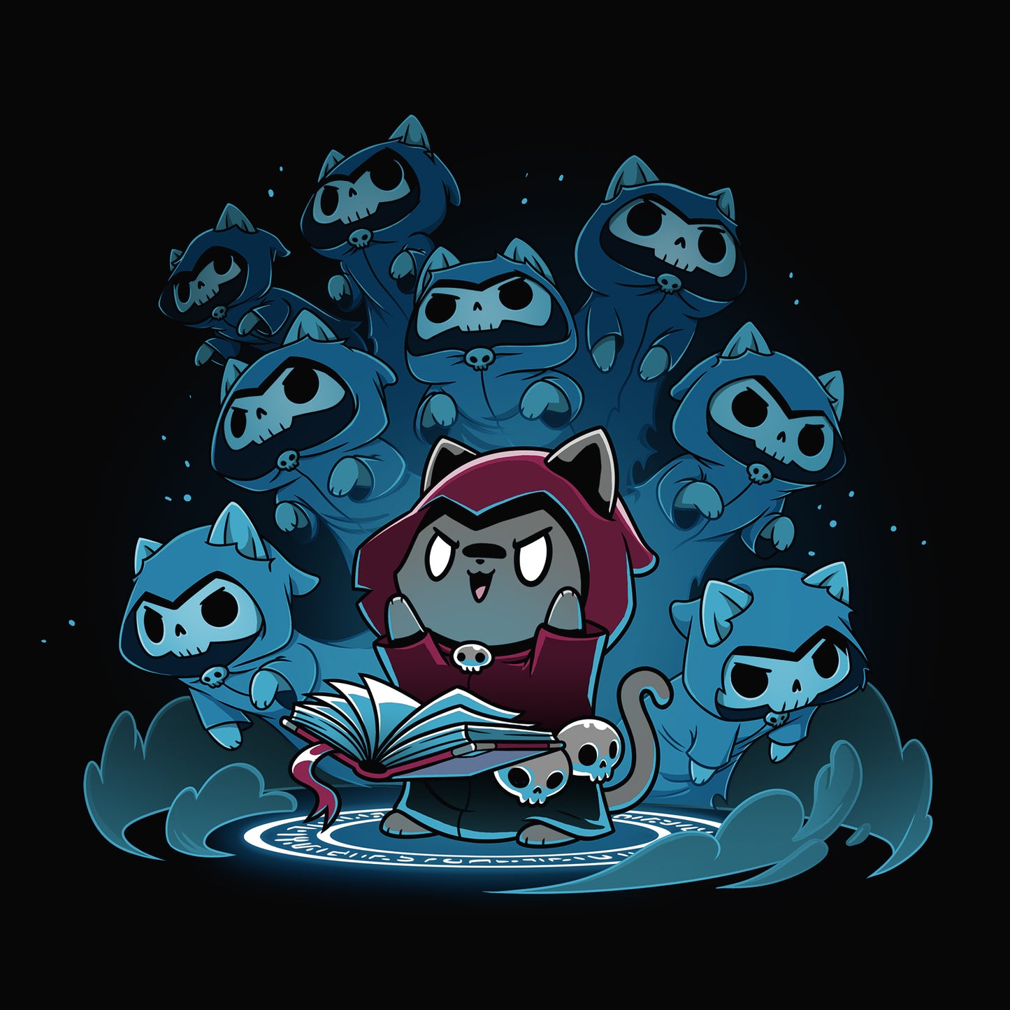 Premium Cotton T-shirt_TeeTurtle Necromancer Kitty black t-shirt featuring an illustration of an evil cat in a red, hooded cape reading a spell book and summoning ghost cats with skull faces wearing hooded capes all surrounded by clouds on the ground and stars in the sky.