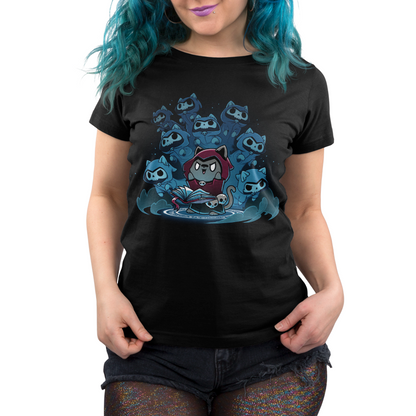 Premium Cotton T-shirt_TeeTurtle Necromancer Kitty black t-shirt featuring an illustration of an evil cat in a red, hooded cape reading a spell book and summoning ghost cats with skull faces wearing hooded capes all surrounded by clouds on the ground and stars in the sky.