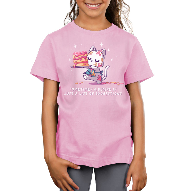 Premium Cotton T-shirt_TeeTurtle light pink No Recipe Required apparel featuring a white cat with batter splattered on it carrying a cake with uneven tiers with the caption, “Sometimes a Recipe is Just a List of Suggestions“.