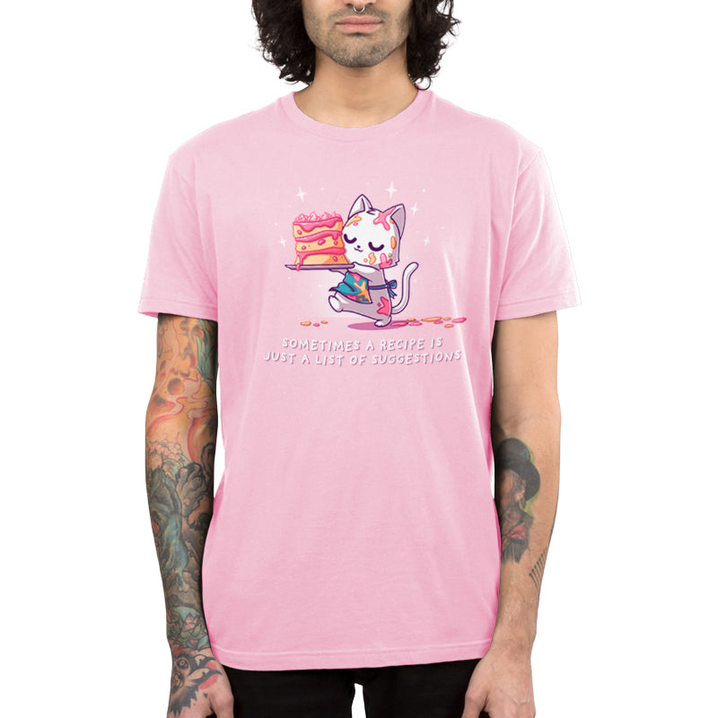 Premium Cotton T-shirt_TeeTurtle light pink No Recipe Required apparel featuring a white cat with batter splattered on it carrying a cake with uneven tiers with the caption, “Sometimes a Recipe is Just a List of Suggestions“.