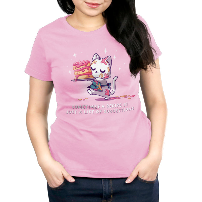 Premium Cotton T-shirt_TeeTurtle light pink No Recipe Required apparel featuring a white cat with batter splattered on it carrying a cake with uneven tiers with the caption, “Sometimes a Recipe is Just a List of Suggestions“.