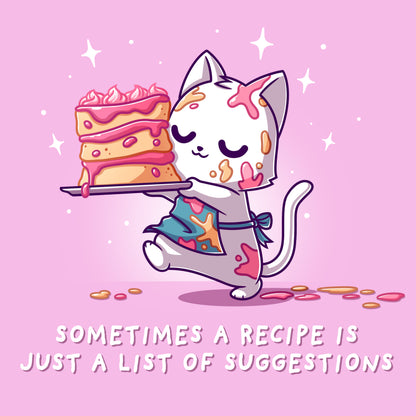 Premium Cotton T-shirt_TeeTurtle light pink No Recipe Required apparel featuring a white cat with batter splattered on it carrying a cake with uneven tiers with the caption, “Sometimes a Recipe is Just a List of Suggestions“.