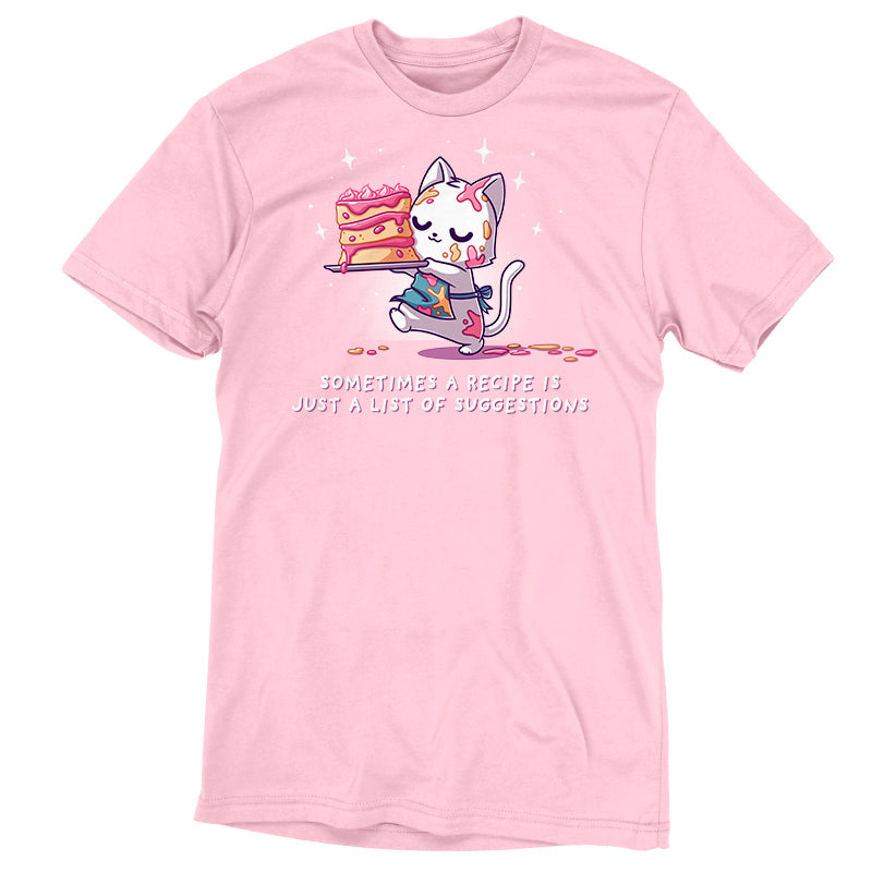 Premium Cotton T-shirt_TeeTurtle light pink No Recipe Required apparel featuring a white cat with batter splattered on it carrying a cake with uneven tiers with the caption, “Sometimes a Recipe is Just a List of Suggestions“.