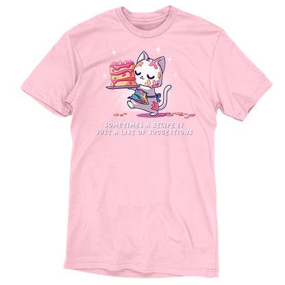 Premium Cotton T-shirt_TeeTurtle light pink No Recipe Required apparel featuring a white cat with batter splattered on it carrying a cake with uneven tiers with the caption, “Sometimes a Recipe is Just a List of Suggestions“.