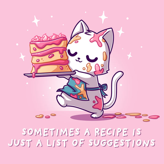 Premium Cotton T-shirt_TeeTurtle light pink No Recipe Required apparel featuring a white cat with batter splattered on it carrying a cake with uneven tiers with the caption, “Sometimes a Recipe is Just a List of Suggestions“.