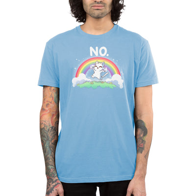 Premium Cotton T-shirt_TeeTurtle light blue Rainbow Cattitude apparel featuring a white cat skipping in a meadow with its paws pixelated to cover it giving the middle finger gesture with a rainbow in the background, and the caption, “NO.“ above.