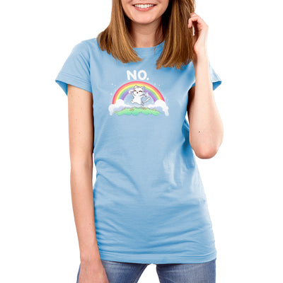 Premium Cotton T-shirt_TeeTurtle light blue Rainbow Cattitude apparel featuring a white cat skipping in a meadow with its paws pixelated to cover it giving the middle finger gesture with a rainbow in the background, and the caption, “NO.“ above.