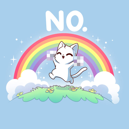 Premium Cotton T-shirt_TeeTurtle light blue Rainbow Cattitude apparel featuring a white cat skipping in a meadow with its paws pixelated to cover it giving the middle finger gesture with a rainbow in the background, and the caption, “NO.“ above.