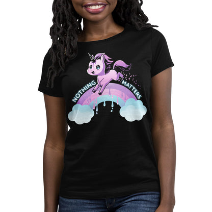 Premium Cotton T-shirt_TeeTurtle Nothing Matters (Unicorn) black t-shirt featuring a purple unicorn jumping over a drippy rainbow.