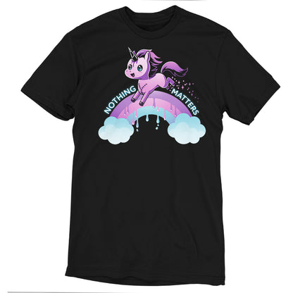 Premium Cotton T-shirt_TeeTurtle Nothing Matters (Unicorn) black t-shirt featuring a purple unicorn jumping over a drippy rainbow.