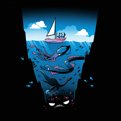 Premium Cotton T-shirt_Teeturtle Nothing to Sea Here Black Featuring two pandas on a sailboat floating over and ocean full of strange, unknown creatures including a giant squid, a sea serpent and a Plesiousaur.