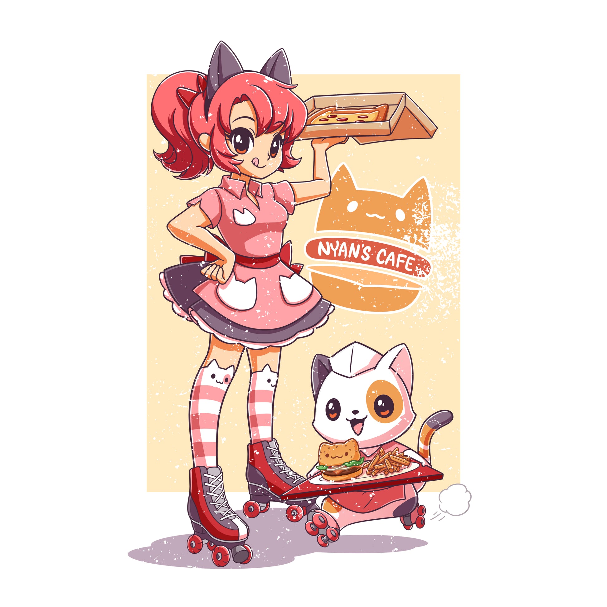 A girl in a pink cat-themed costume on roller skates holds a tray of food. Next to her, a cat in a matching outfit sits in a rolling tray with food. A sign reads "Nyan's Cafe," where you can also find adorable monsterdigital Nyan's Cafe Kids T-Shirts.