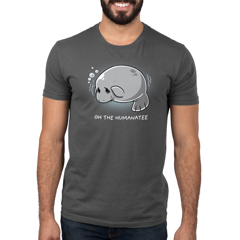 Premium Cotton T-shirt - A person wearing a charcoal gray apparel made of super soft ringspun cotton featuring a cute manaapparelillustration and the text "Oh the Humanatee" by monsterdigital.