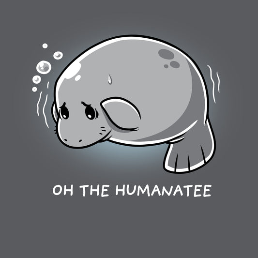 Illustrated manatee with a sad expression and bubbles above its head, accompanied by the text 