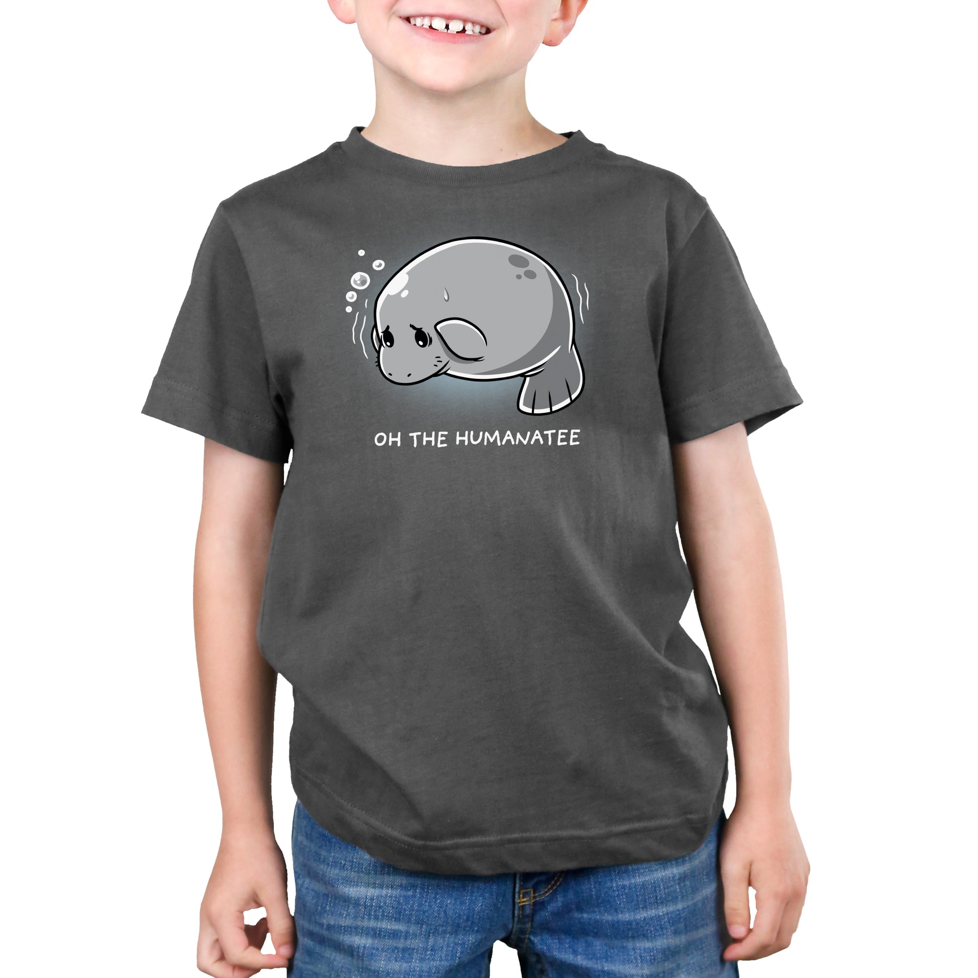 Premium Cotton T-shirt - Child wearing a charcoal gray apparel, made of super soft ringspun cotton, featuring a cartoon manaapparelwith the text "Oh the Humanatee" underneath. The product is called "Oh the Humanatee" by monsterdigital.