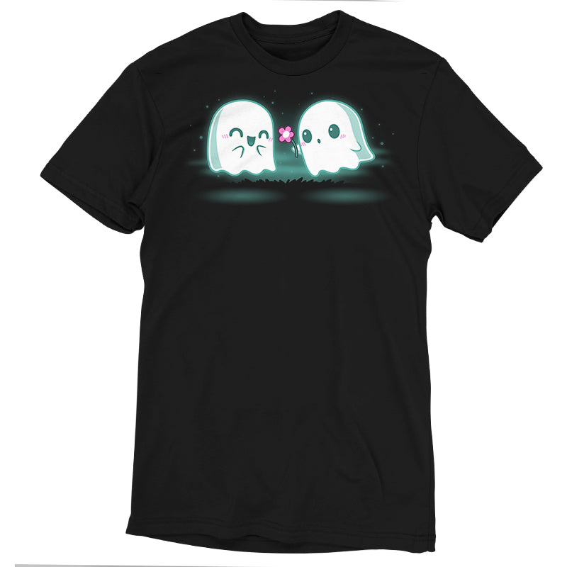 Premium Cotton T-shirt_TeeTurtle One Boo Love black t-shirt featuring two cute kawaii ghost-like Halloween characters are glowing softly in the dark on a black apparel. One ghost is smiling with eyes closed while the other offers a pink flower.