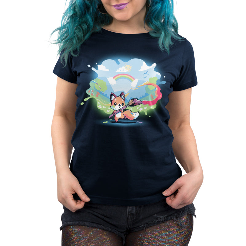 Premium Cotton T-shirt_TeeTurtle Paint Your Own World navy blue t-shirt featuring a drawing cartoon fox who holds a paintbrush, trailing vibrant colors as it paints a lively landscape with hills, trees, a rainbow, and a bright sky 