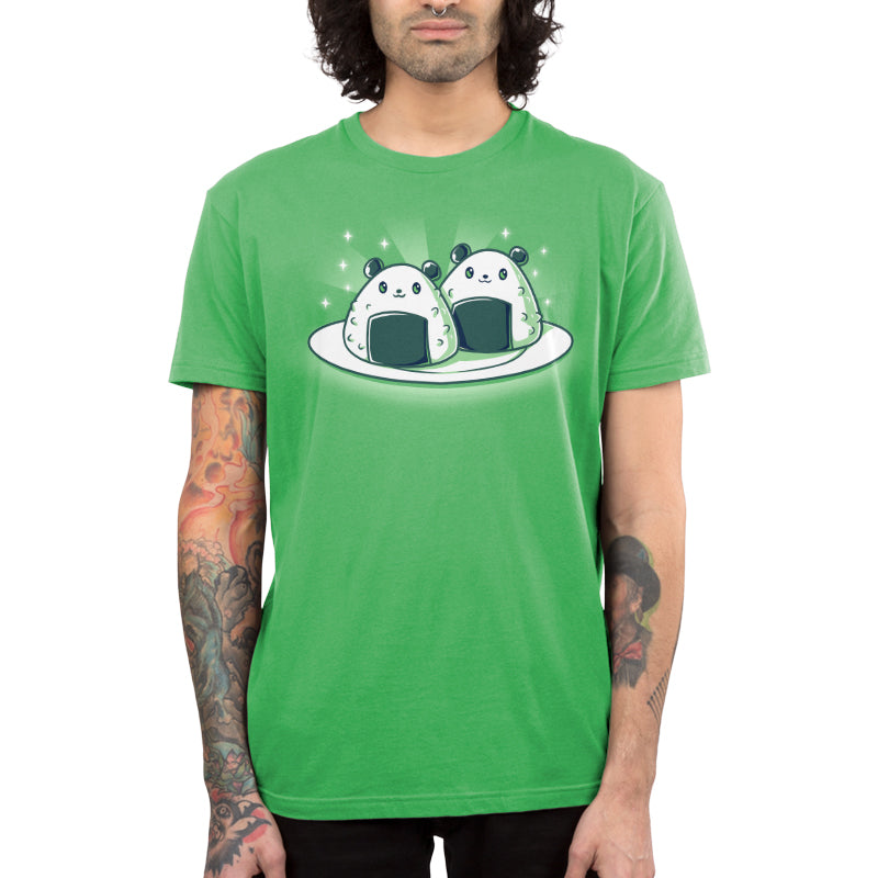 Premium Cotton T-shirt_Teeturtle Panda Onigiri apple green t-shirt featuring a pair of cute, cartoon-styled Panda-shaped Onigiri on a plate.