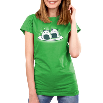 Premium Cotton T-shirt_Teeturtle Panda Onigiri Apple Green Featuring a pair of cute, cartoon-styled Panda-shaped Onigiri on a plate.