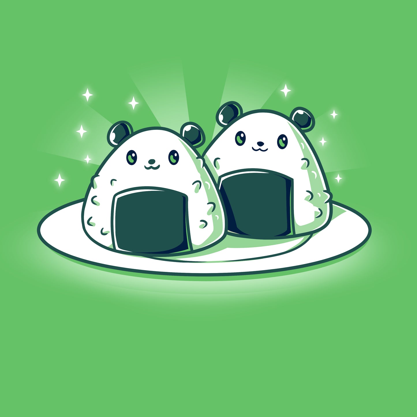 Premium Cotton T-shirt_Teeturtle Panda Onigiri apple green t-shirt featuring a pair of cute, cartoon-styled Panda-shaped Onigiri on a plate.