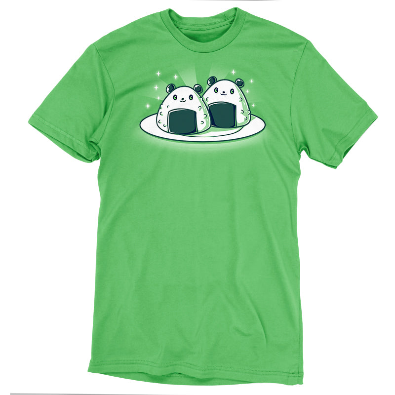 Premium Cotton T-shirt_Teeturtle Panda Onigiri Apple Green Featuring a pair of cute, cartoon-styled Panda-shaped Onigiri on a plate.