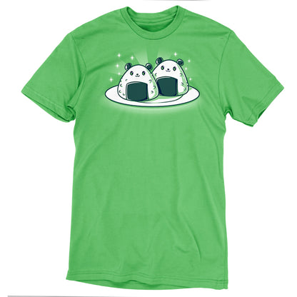 Premium Cotton T-shirt_Teeturtle Panda Onigiri Apple Green Featuring a pair of cute, cartoon-styled Panda-shaped Onigiri on a plate.