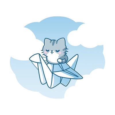 Premium Cotton T-shirt_TeeTurtle white Paper Crane Pilot apparel featuring a gray cat sitting on a folded paper crane flying in the cloudy sky.