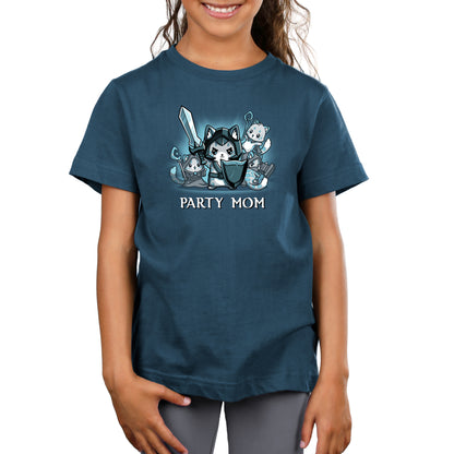 A child wearing a denim blue "Party Mom" t-shirt from monsterdigital, made of super soft ringspun cotton, featuring a graphic of animals dressed as knights, smiles while standing and facing the camera.