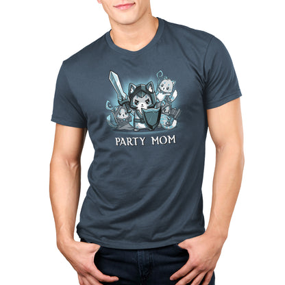 A person is wearing a denim blue "Party Mom" T-shirt from monsterdigital made of super soft ringspun cotton, featuring an illustrated design of a warrior cat and kittens.